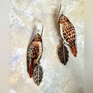Hand, painted red tail, hawk earrings, sterling wires, metal feather charm OOAK